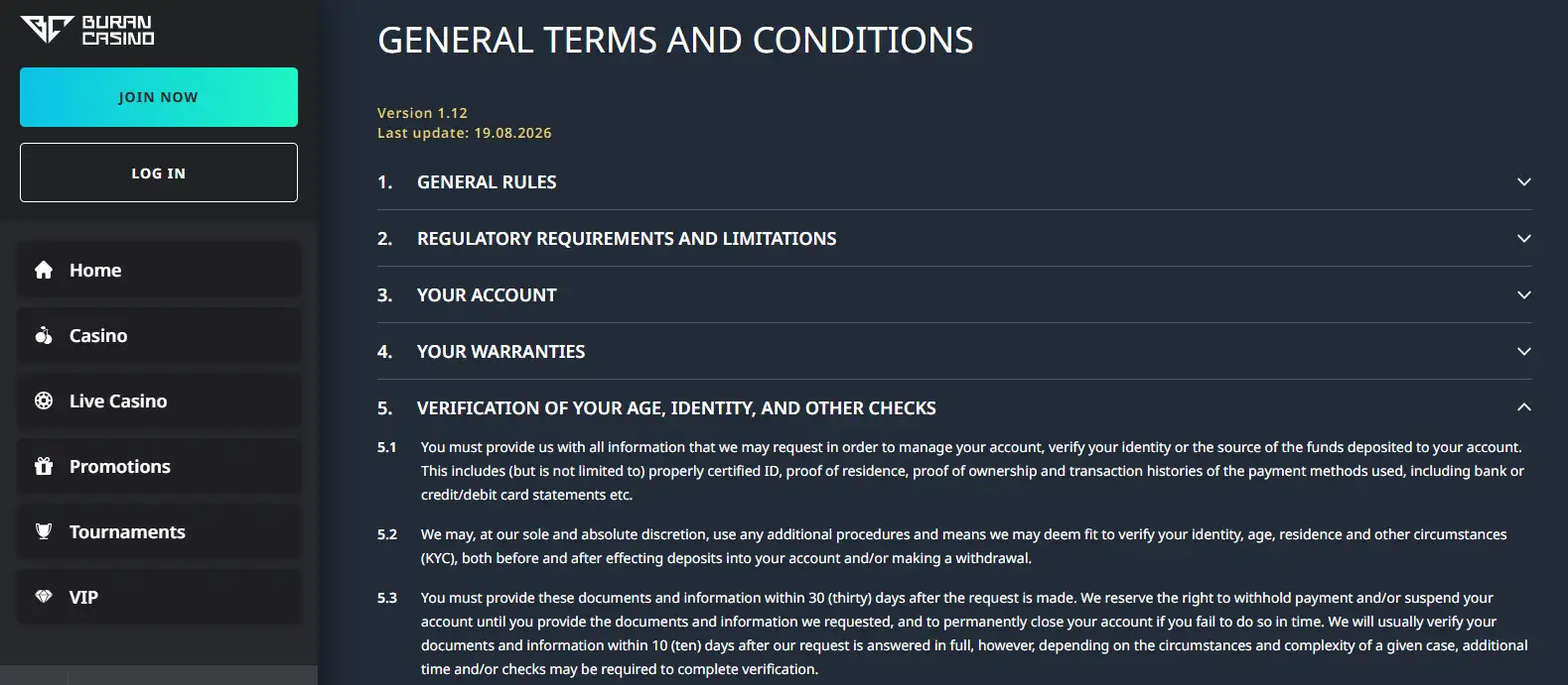 Current BuranCasino terms showing identity, residence and payment-method verification categories