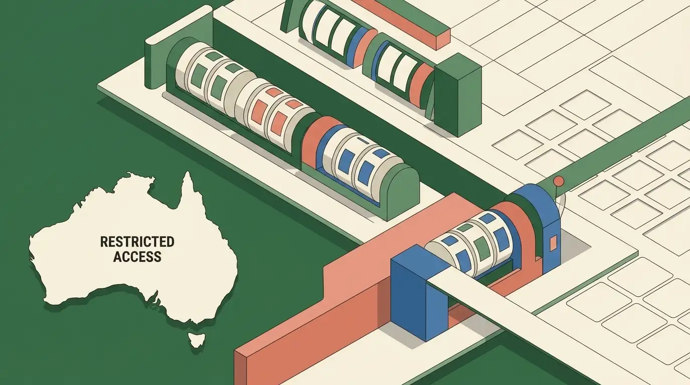 Abstract slot catalogue with one provider route blocked at an Australian map