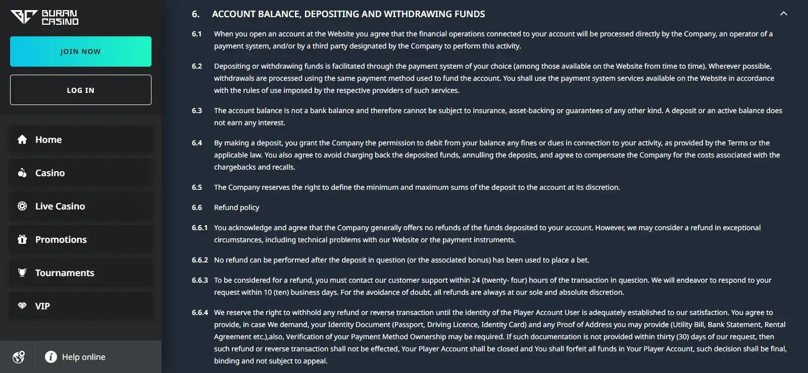 Current BuranCasino terms showing AUD withdrawal limits by VIP tier