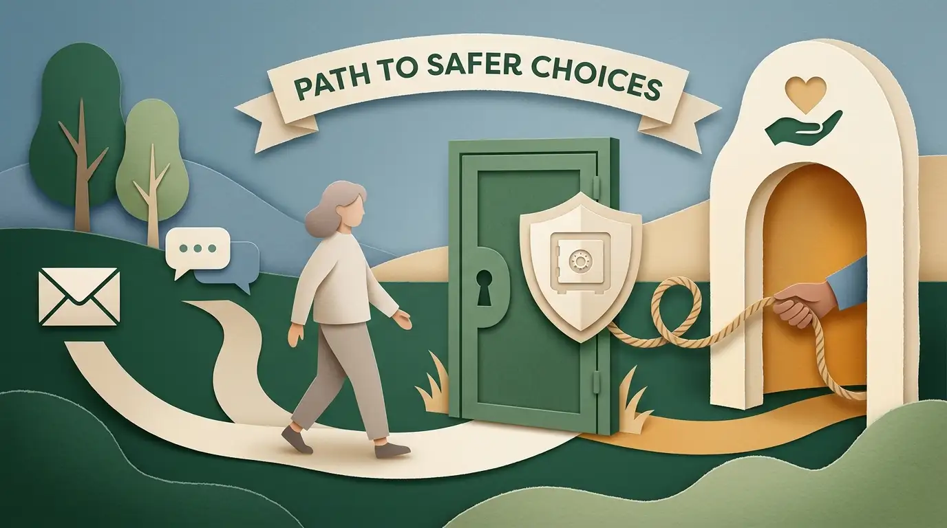 Conceptual support path leading from chat to self-exclusion and independent help