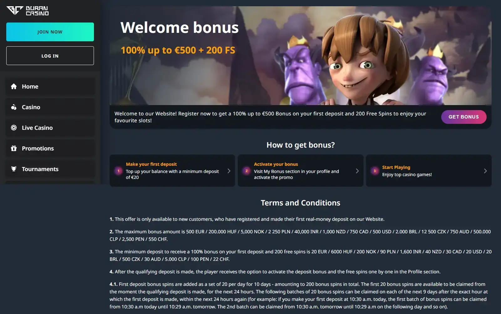 Current BuranCasino welcome-bonus page showing the official offer and AUD terms