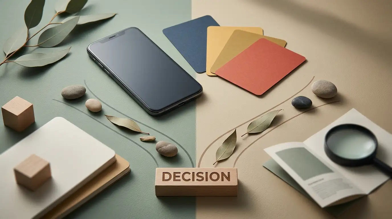 Decision scene with a phone, cards and subtle Australian visual cues